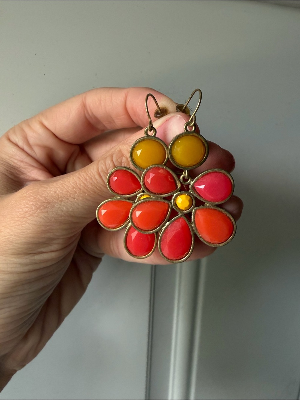 Pink, Orange and Yellow Flower Dangle Gold Earrings